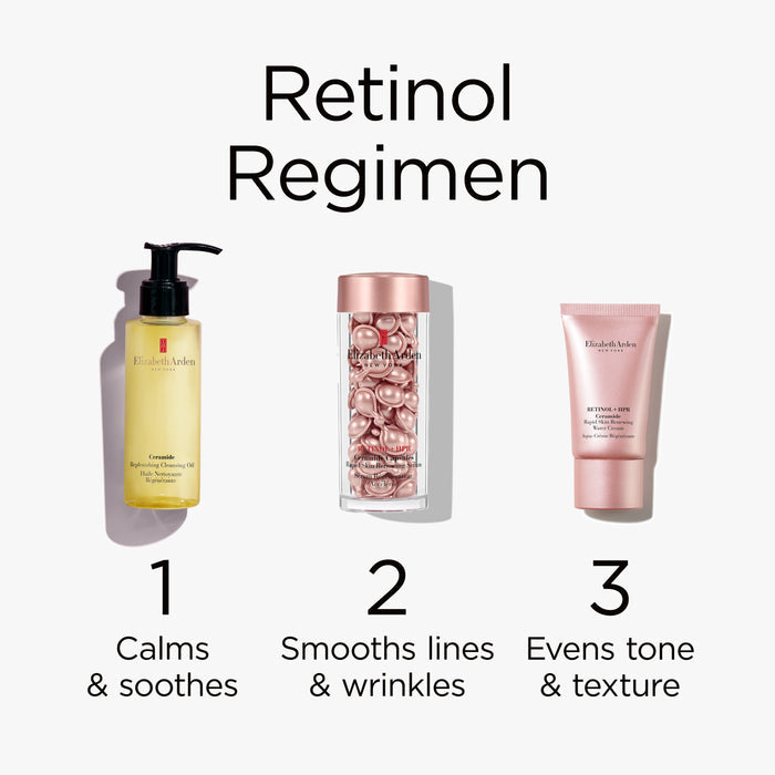 Three skincare products with labels for a retinol regimen on a white background