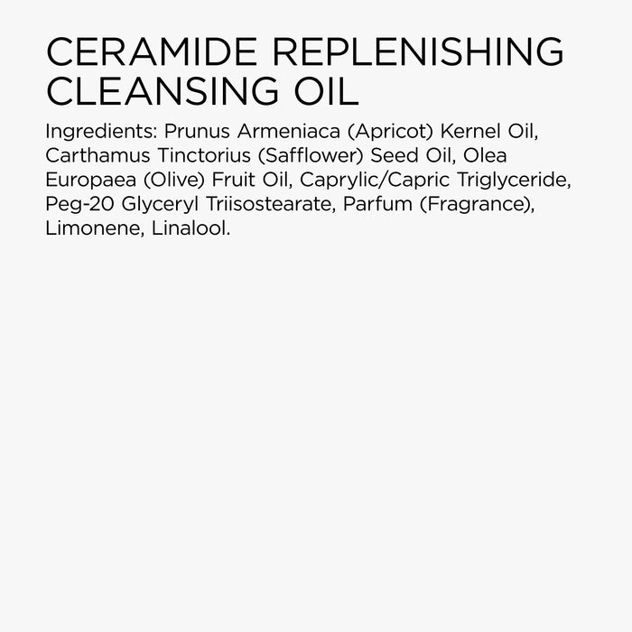 List of ingredients for a ceramide replenishing cleansing oil on a white background