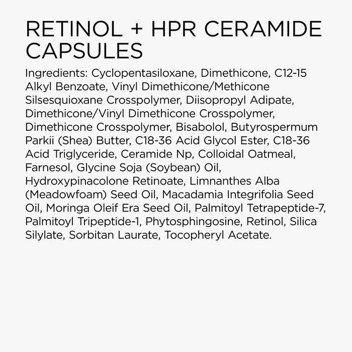 List of ingredients for Retinol + HPR Ceramide Capsules on a white background
