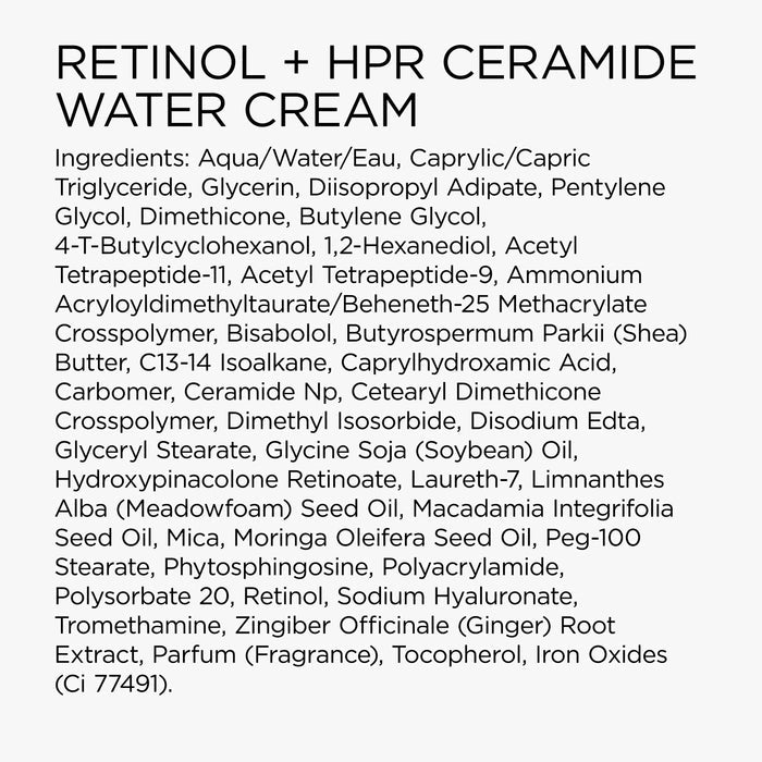 List of ingredients for Retinol + HPR Ceramide Water Cream on a white background