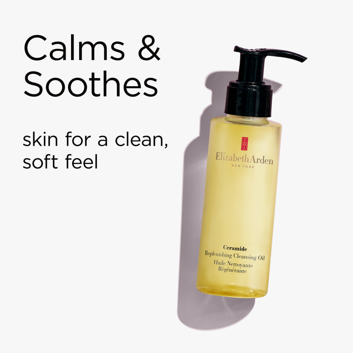 Elizabeth Arden cleansing oil bottle with text 'Calms & Soothes skin for a clean, soft feel' on a white background