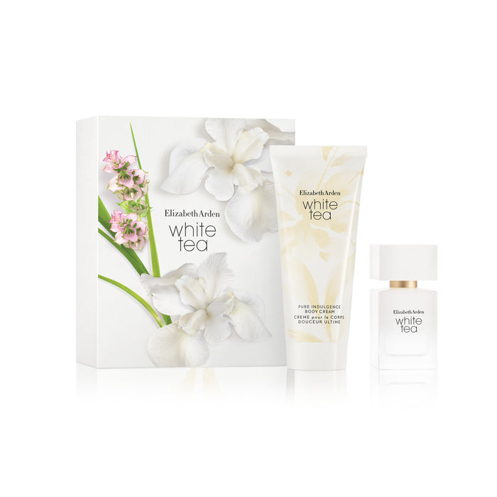Elizabeth Arden White Tea skincare set with cream, lotion, and perfume on a white background