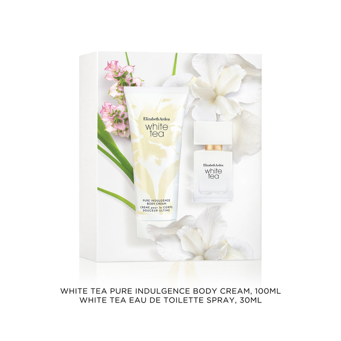 Elizabeth Arden White Tea gift set with body cream and eau de toilette spray on a white background.