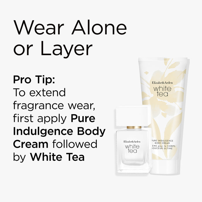 Elizabeth Arden White Tea perfume bottle and body cream with text on a white background