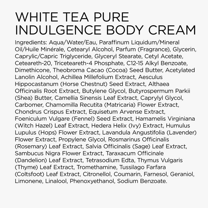 List of ingredients for White Tea Pure Indulgence Body Cream on a white background