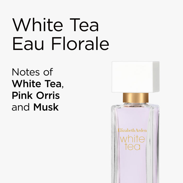 Elizabeth Arden White Tea Eau Florale perfume bottle on a white background with product details.