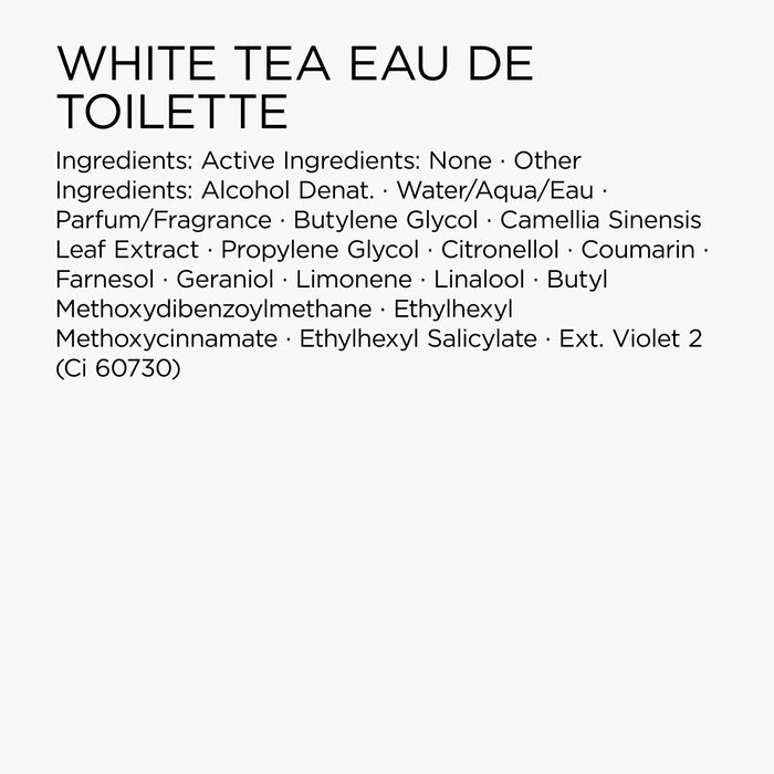List of ingredients for White Tea Eau de Toilette on a white background