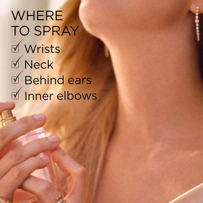 Applying Eternal Aura Eau de Parfum to neck pulse point