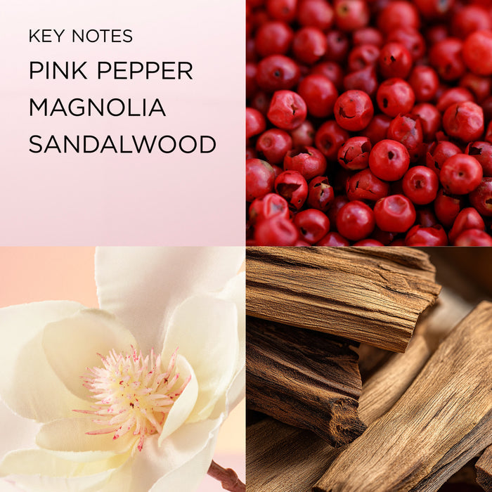 Key fragrance notes of Eternal Aura perfume including pink pepper, magnolia and sandalwood