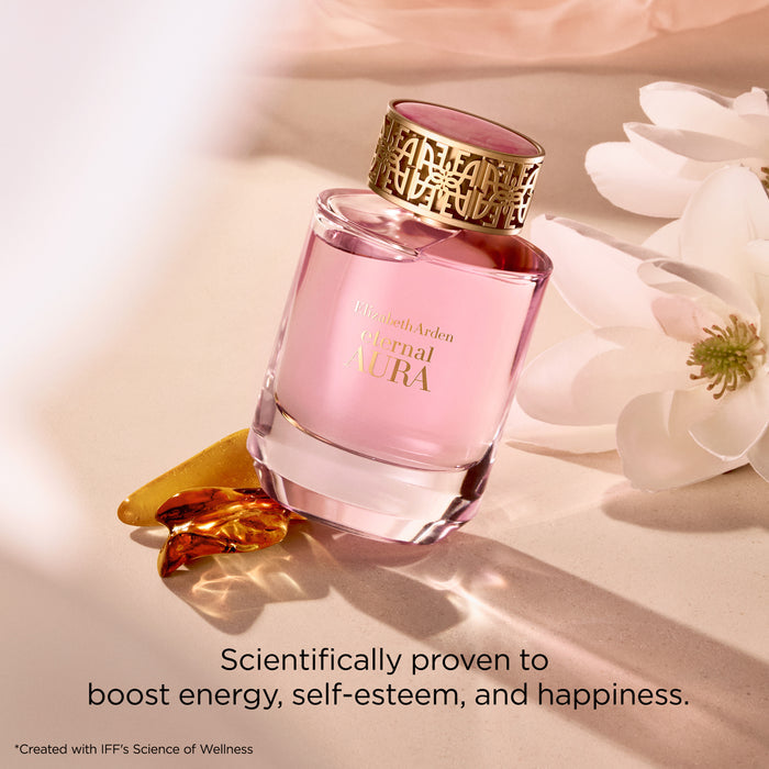 Eternal Aura Eau de Parfum bottle with magnolia flower and amber resin