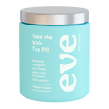 Blue container with silver lid labeled 'eve wellness' on a white background