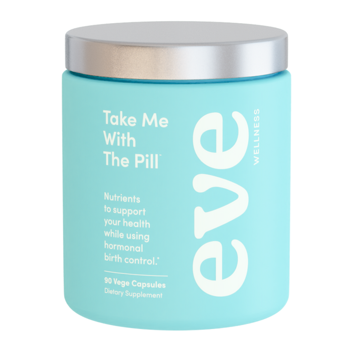 Blue container with silver lid labeled 'eve wellness' on a white background