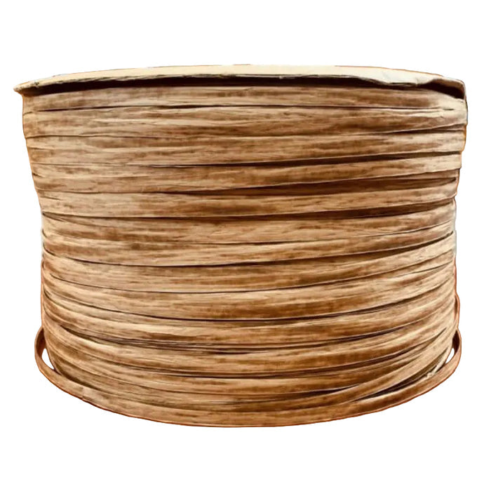 A large ten pound coil of natural kraft brown paper fiber splint placed on a white background.