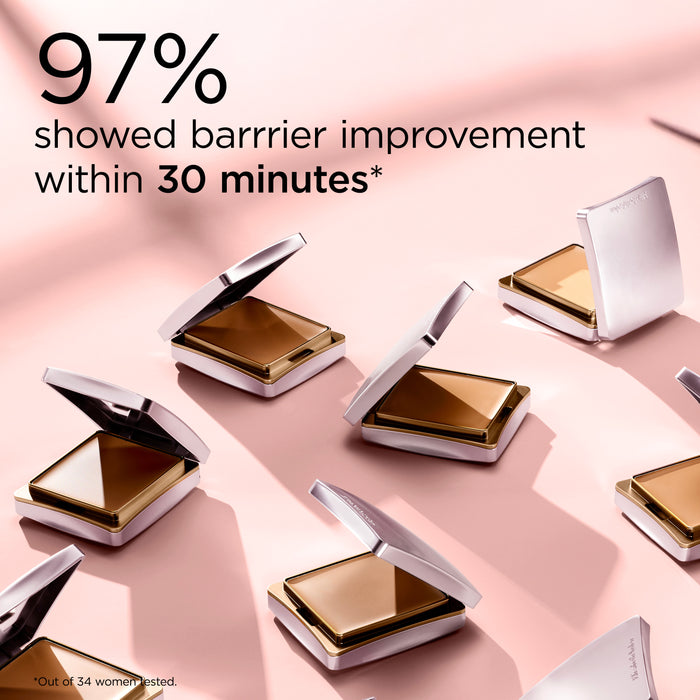 Cosmetic products with open cases on a pink background, showing barrier improvement text.