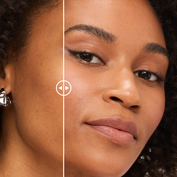 Close-up of a woman's face with a side-by-side comparison on a white background