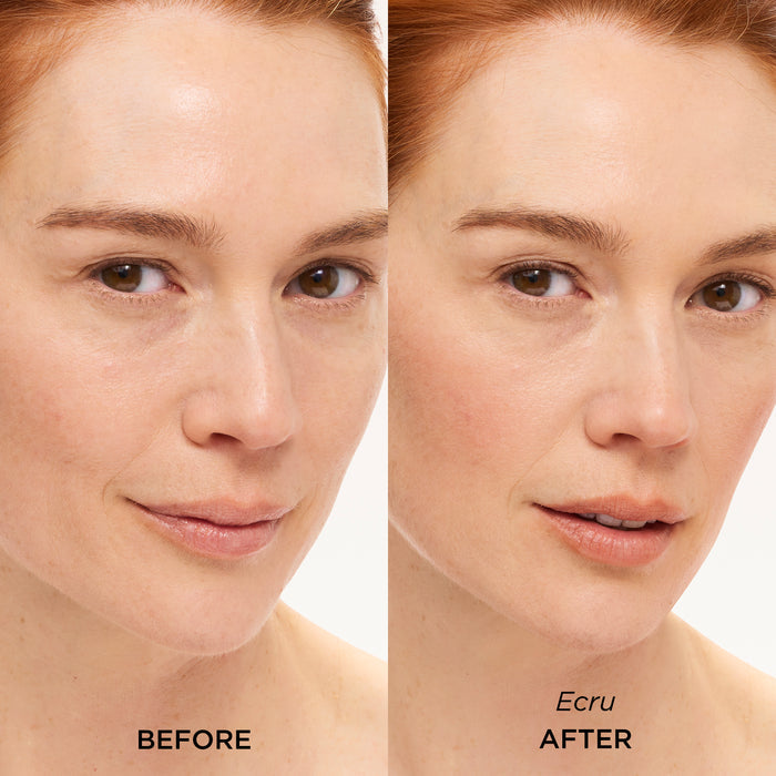 Before and after comparison of a woman's face with 'Before' on the left and 'After' on the right, showing a change in skin tone.
