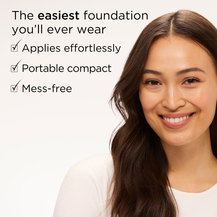 Woman with a smile, text about foundation ease of use on a white background