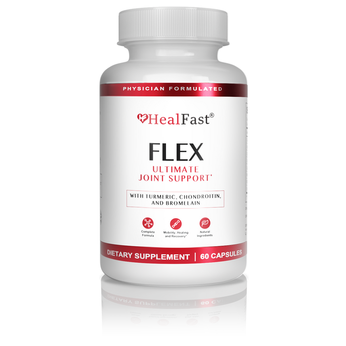 Flex Ultimate Joint Support supplement bottle with turmeric, chondroitin, and bromelain