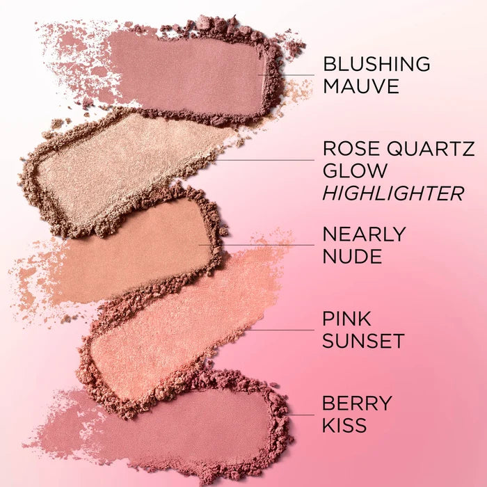 Four eyeshadow swatches with text labels on a pink gradient background: Blushing Mauve, Rose Quartz Glow Highlighter, Nearly Nude, Pink Sunset, and Berry Kiss.