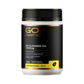GO Flaxseed Oil supplement container with black and gold label on a white background
