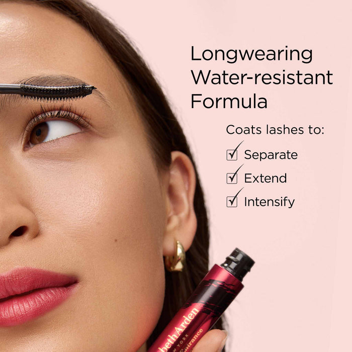 Woman applying eyelash product with text highlighting longwearing water-resistant formula