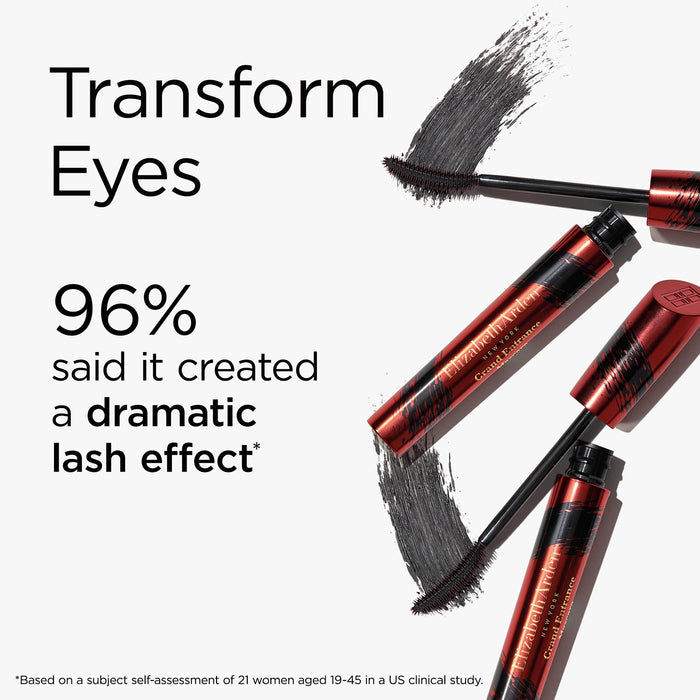 Red mascara with black brush on a white background, featuring text about lash effect.
