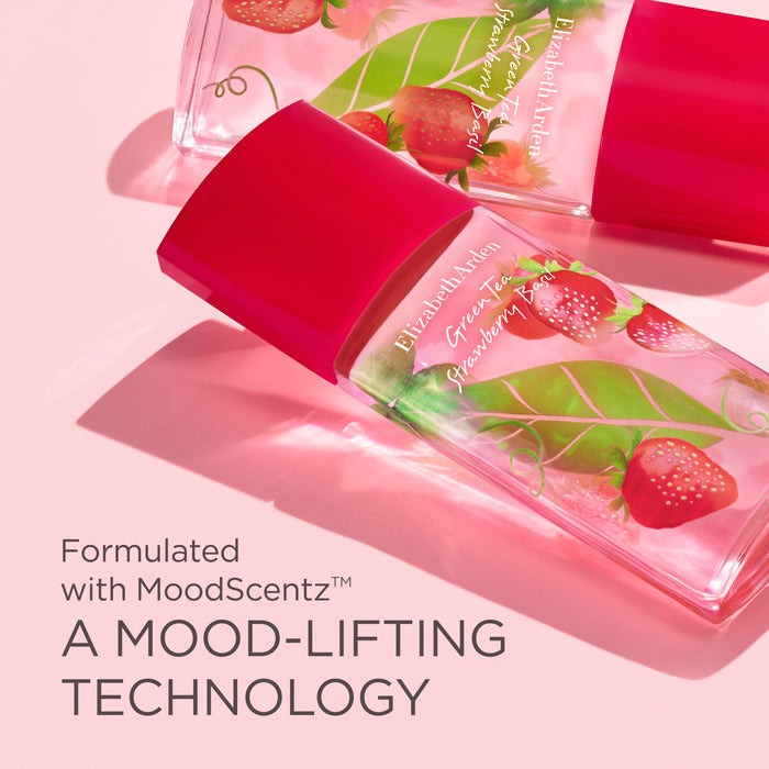 Green Tea Strawberry Basil Eau De Toilette bottle highlighting MoodScentz mood-lifting technology