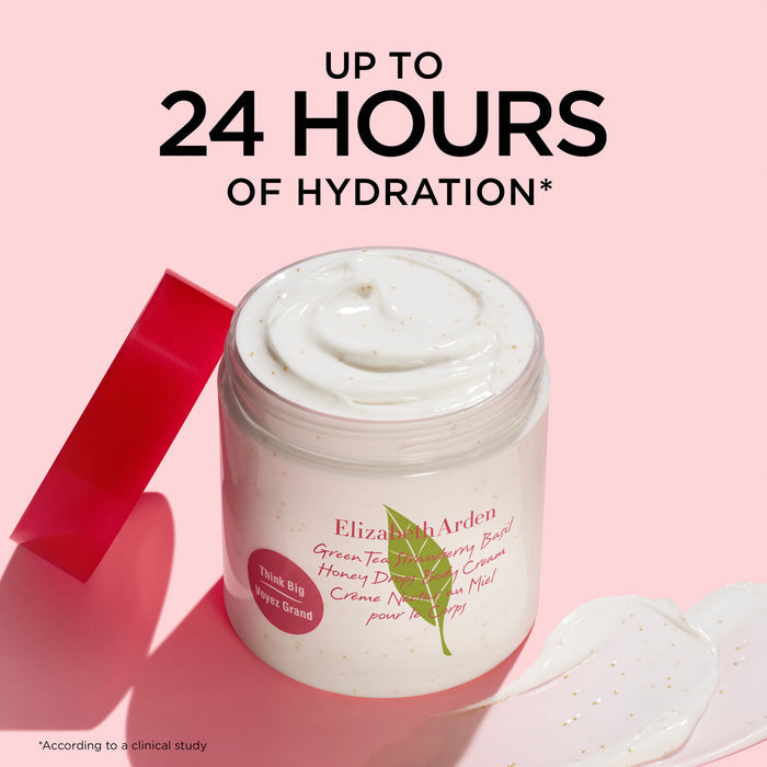 Open jar of Green Tea Strawberry Basil Honey Drops Body Cream showing rich texture and 24-hour hydration claim