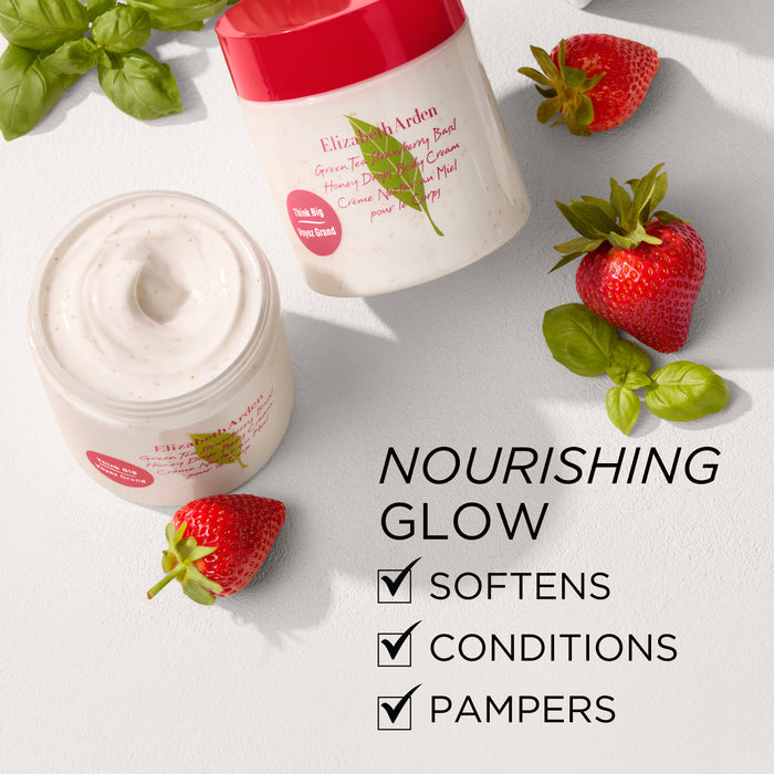 Green Tea Strawberry Basil Honey Drops Body Cream with fresh strawberries and basil leaves for nourishing glow
