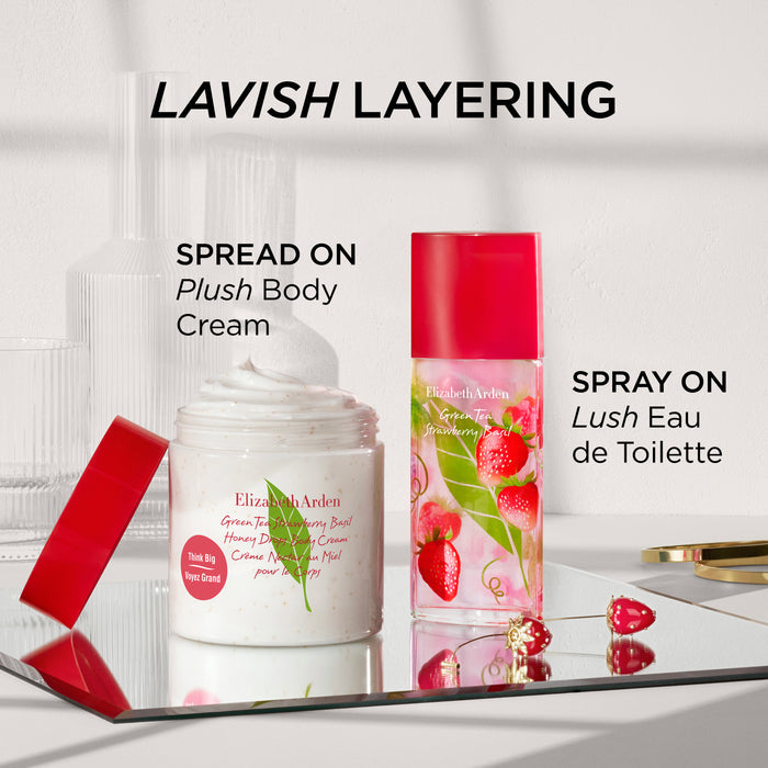 Green Tea Strawberry Basil Honey Drops Body Cream paired with matching Eau de Toilette for fragrance layering