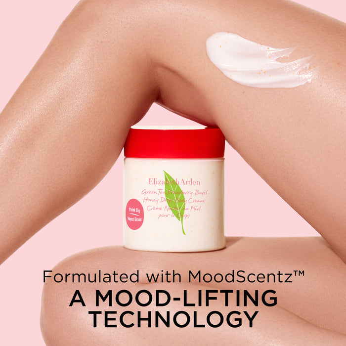 Green Tea Strawberry Basil Honey Drops Body Cream applied to legs for smooth, hydrated skin  highlighting MoodScentz mood-lifting technology