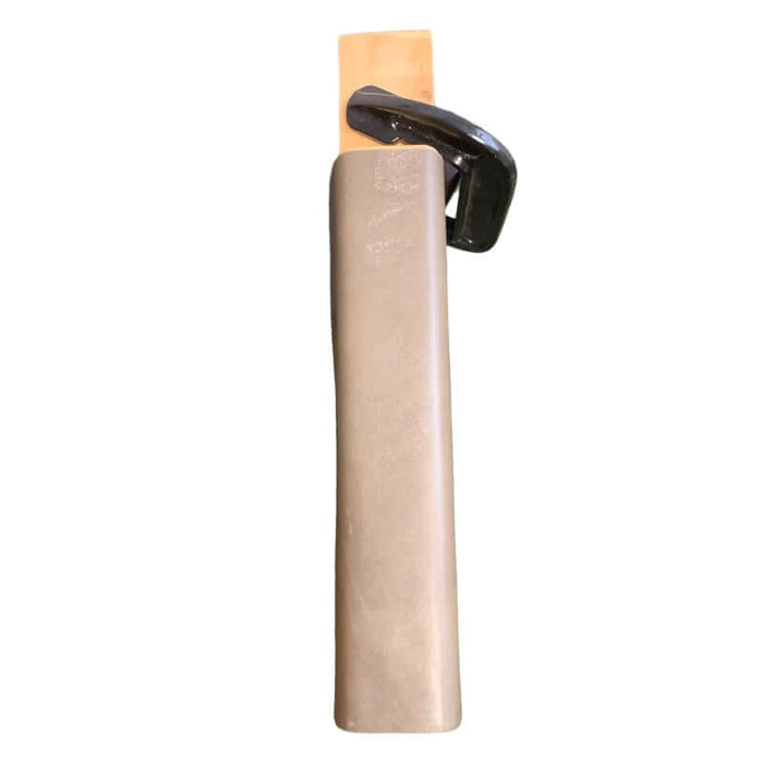 Small leather covered hammer block with c-clamp.