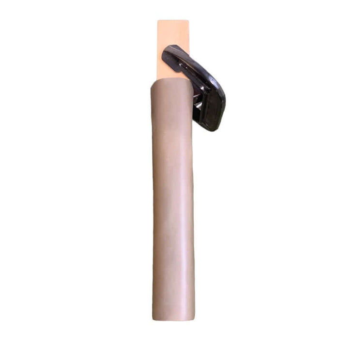 small leather covered hammer block with c clamp on a white backdrop.