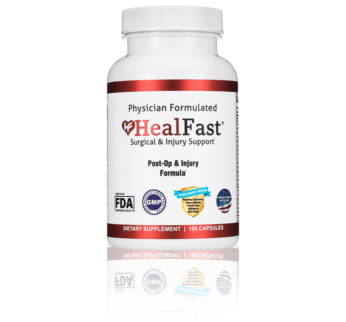 HealFast Surgical & Injury Recovery Formula bottle with labels and dosage information