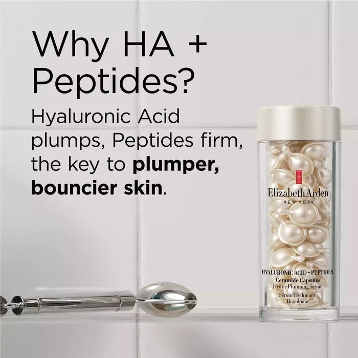Why Hyaluronic Acid + Peptides? Hyaluronic Acid plumps, Peptides firm, they key to plumper bouncier skin.