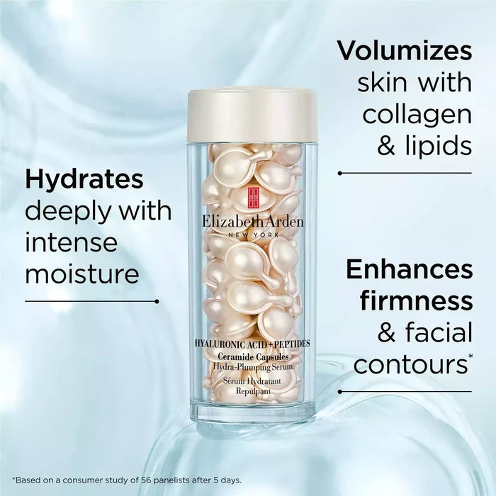 Hyaluronic Acid + Peptides Ceramide Capsules Hydra-Plumping Serum benefits: volumizes, hydrates and enhances firmness of skin.