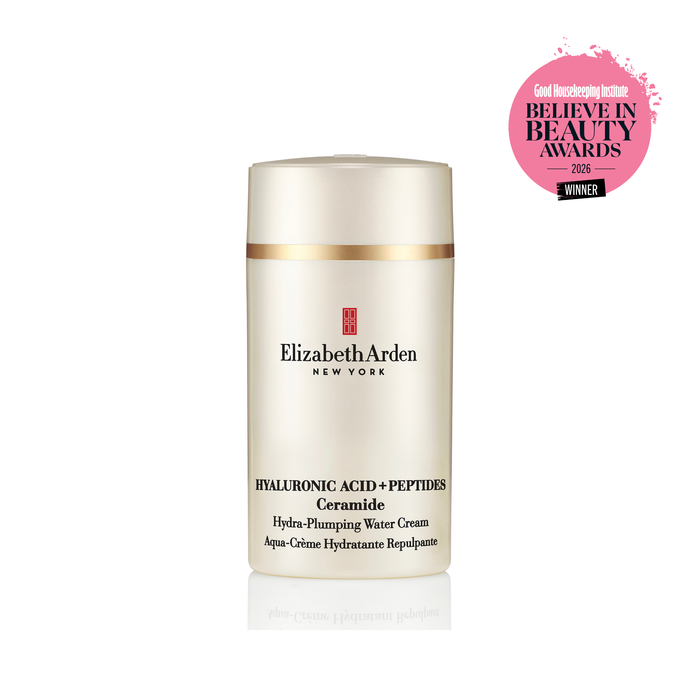 Elizabeth Arden cream bottle with a pink award badge on a white background