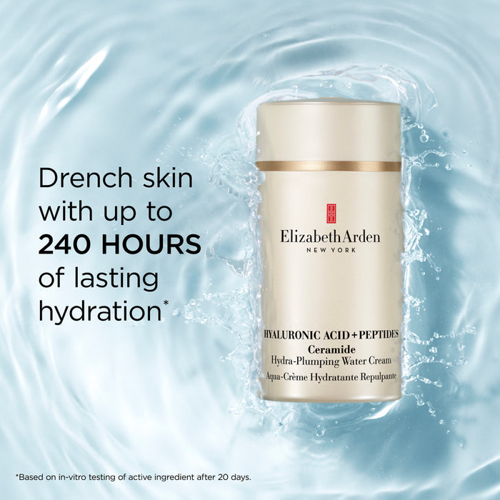 Hyaluronic Acid + Peptides Ceramide Hydra-Plumping Water Cream claims: Drench skin with up to 240 hours of lasting hydration