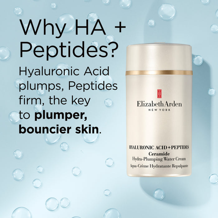 Why Hyaluronic Acid + Peptides? Hyaluronic Acid plumps, Peptides firm, they key to plumper bouncier skin.
