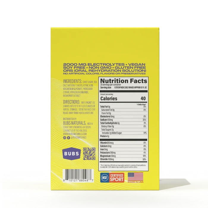Nutrition facts for BUBS Hydrate or Die Lemon electrolytes