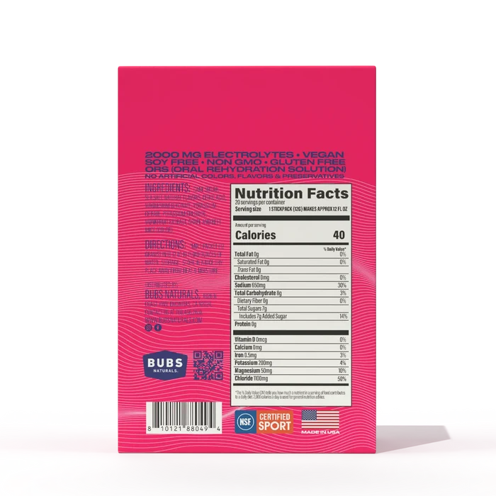 Nutrition facts for BUBS Hydrate or Die Mixed Berry electrolytes