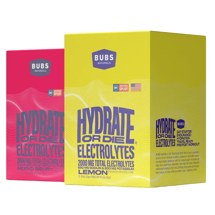 BUBS Hydrate or Die Lemon and Mixed Berry electrolyte cartons