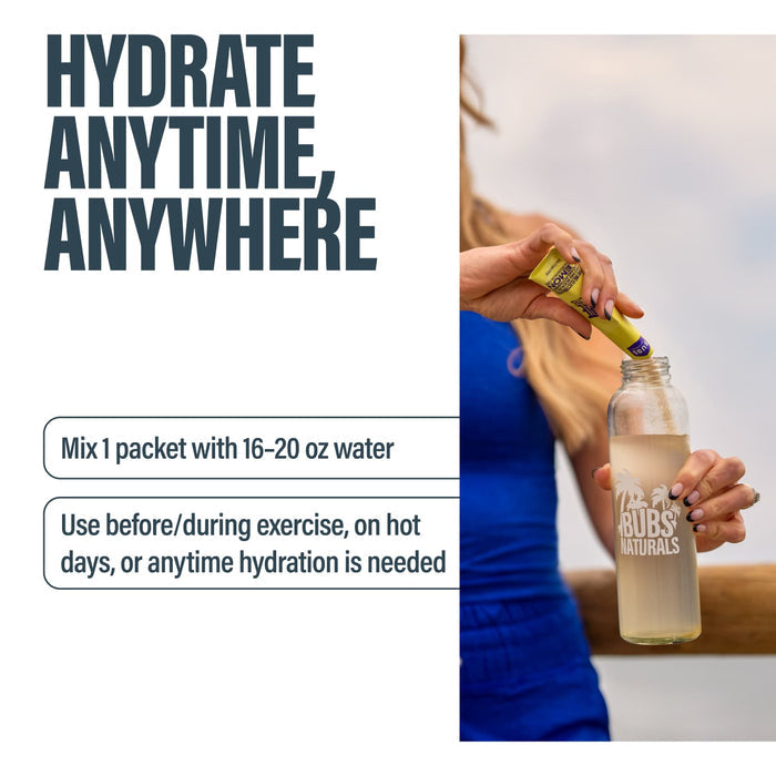 Woman using BUBS Hydrate or Die electrolytes
