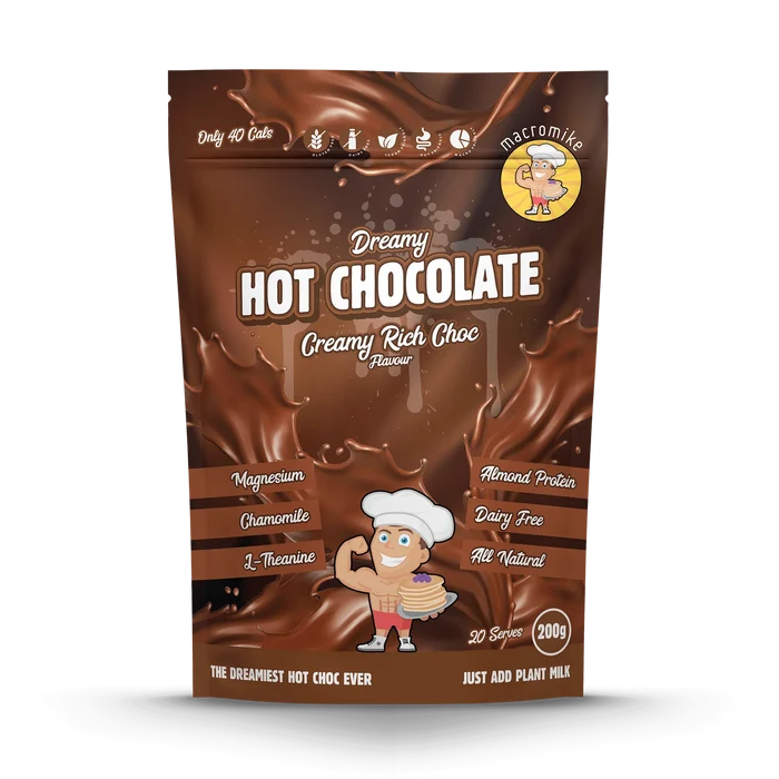 Packaging of Dreamy Hot Chocolate with branding and product details on a white background