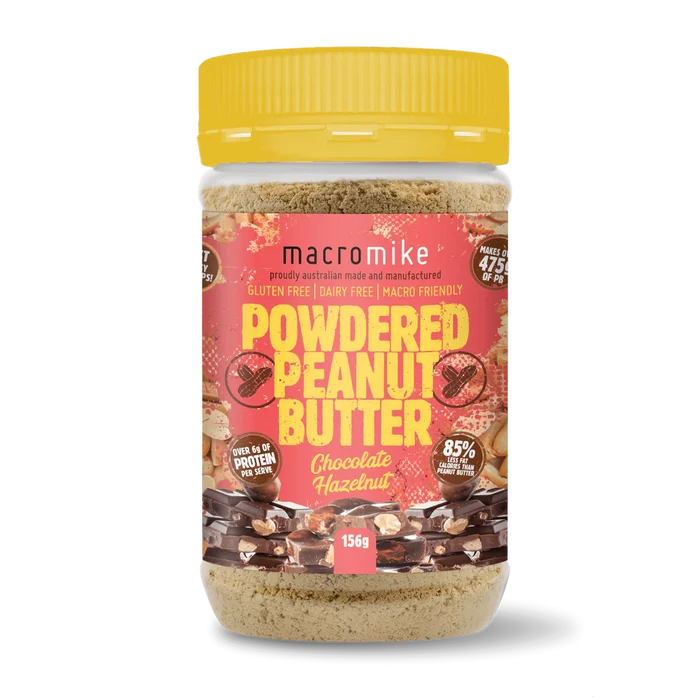 Jar of Macro Mike Powdered Peanut Butter with a yellow lid on a white background