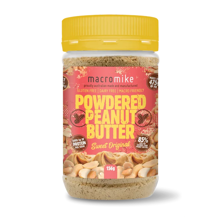 Jar of Macromike Powdered Peanut Butter on a white background