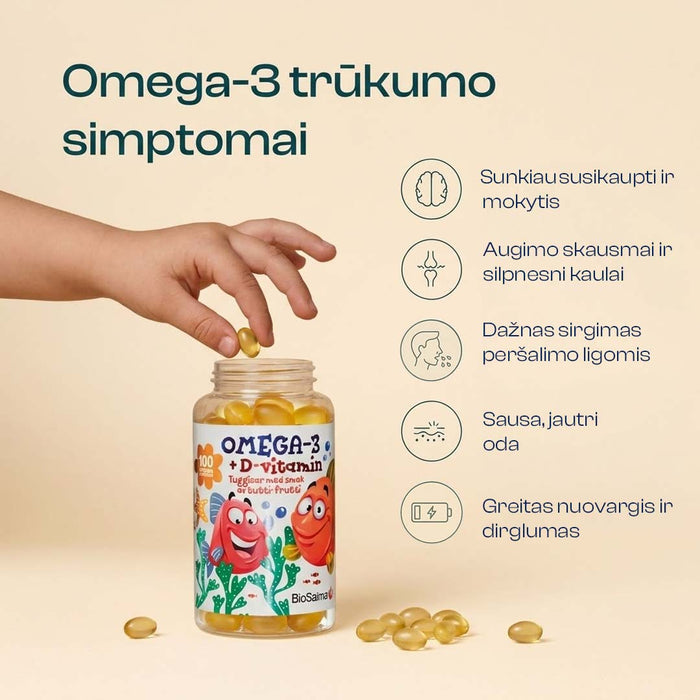 Omega-3 Vaikams + Vitaminas D3 ir E, 100 kapsulių – nuotrauka 3