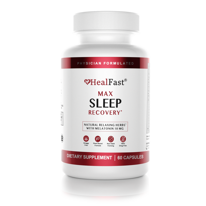 HealFast Max Sleep Recovery dietary supplement bottle with 60 capsules, formulated for sleep support.