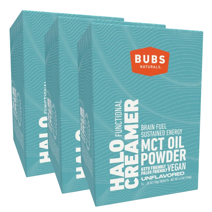 BUBS Naturals MCT Oil Powder, Vegan Halo Functional Creamer, 14ct travel pack, bundle of 3