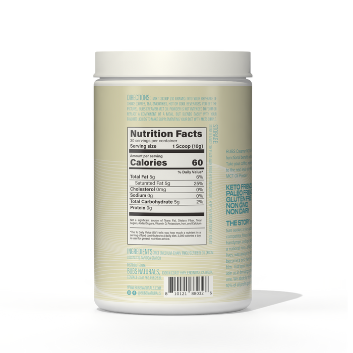 Nutrition facts for BUBS MCT Oil Powder Vegan